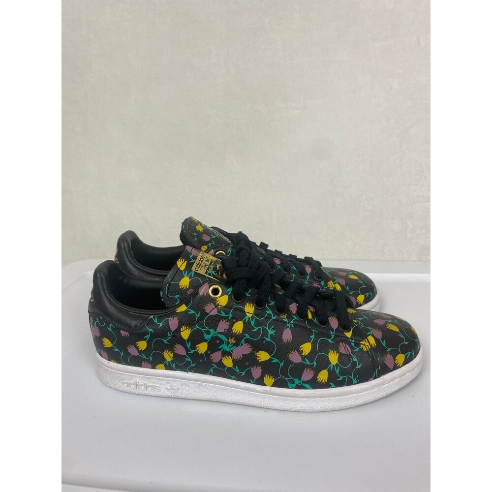 adidas Stan Smith Floral Low Top Sneakers Women 8.5 EH2036 Black Lthr Multicolor